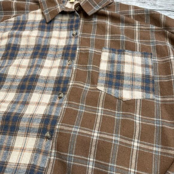 Love Notes Women's Cropped Mixed Patchwork Flannel Shirt L LG Large Brown Grey - Picture 7 of 13